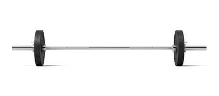 3d rendering of a silver colored metal barbell with several black weight plates on a white background.の写真素材