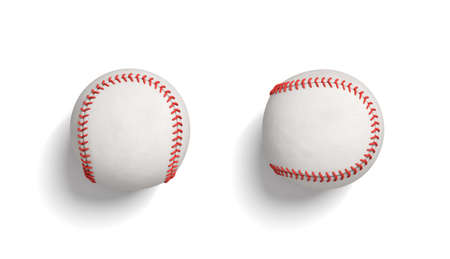 3d rendering of two white baseball in top view lying on a white background.の写真素材