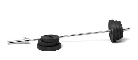 3d rendering of a silver colored metal barbell with several black weight plates on a white background.の写真素材