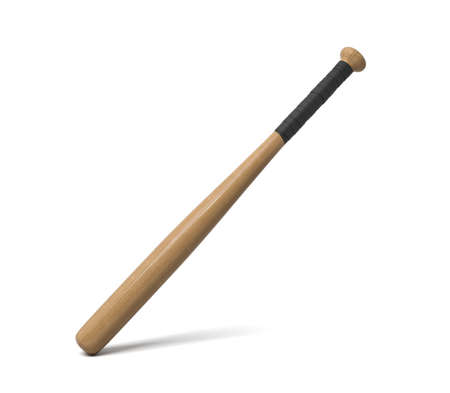 3d rendering of a single wooden baseball bat with a wrapped handle standing on a white background.の写真素材