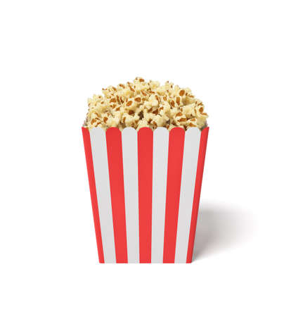 3d rendering of a square striped popcorn bucket filled with this snack over the brim on a white background.の写真素材
