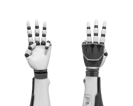 3d rendering of two robotic arms with all fingers sticking out except the thumb and the pinky finger.の写真素材