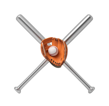 3d rendering of two steel baseball bats making a cross with a baseball lying inside an orange glove.の写真素材