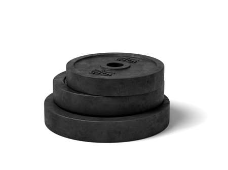 3d rendering of three black barbell weights of different weight lying on top of each other on a white background.の写真素材