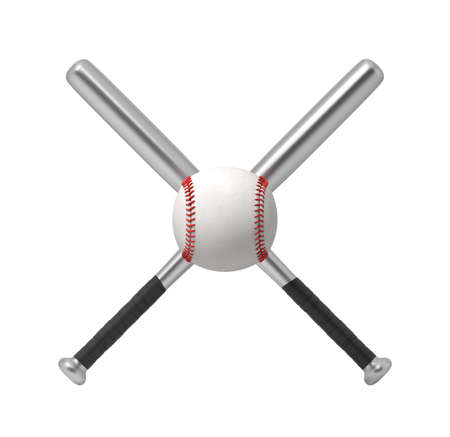 3d rendering of two steel baseball bats making a cross shape with a giant white baseball in front of them.の写真素材