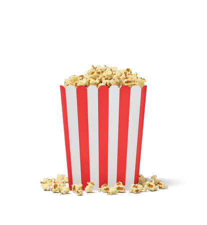 3d rendering of a square striped popcorn bucket with popcorn overflowing of it.の写真素材