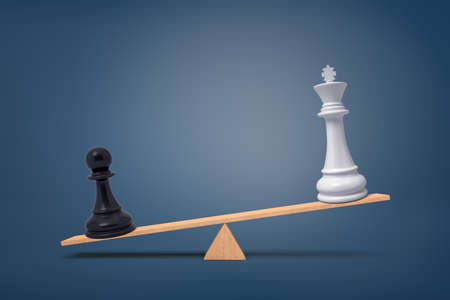 3d rendering of black chess pawn piece overweighs a white king on a wooden seesaw on a blue background.の写真素材