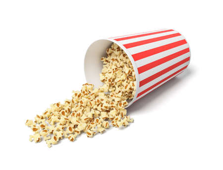 3d rendering of a round striped popcorn bucket lying on its side with popcorn spilling out of it.の写真素材
