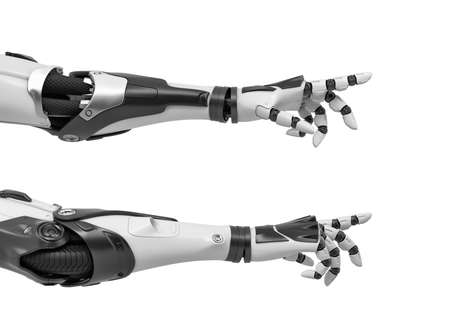 3d rendering of two black and white robotic hands reaching out with its fingers as if to touch something.の写真素材