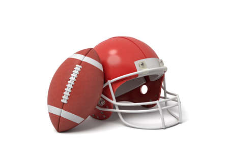 3d rendering of a red American football helmet lying near a red oval ball on a white background. American football gear. Ready to win. Team sport equipment.の写真素材