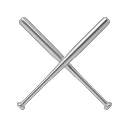 3d rendering of two sleek steel baseball bats crossing each other on a white background. Sport competition. Hard game. American baseball.の写真素材