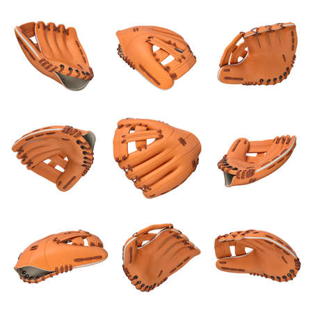 3d rendering of many orange leather baseball gloves flying in different angles of view on a white background.の写真素材