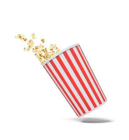 3d rendering of a round striped popcorn bucket hanging in the air with popcorn flying out of it.の写真素材