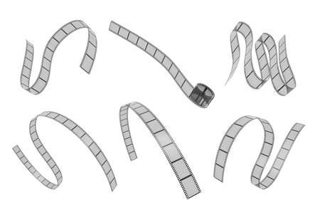 3d rendering of six differently placed filmstrips placed bended on a white background.の写真素材