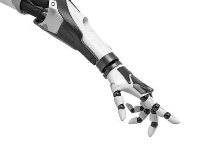 3d rendering of a robotic arm with fingers half-curled and the index finger pointing out.の写真素材