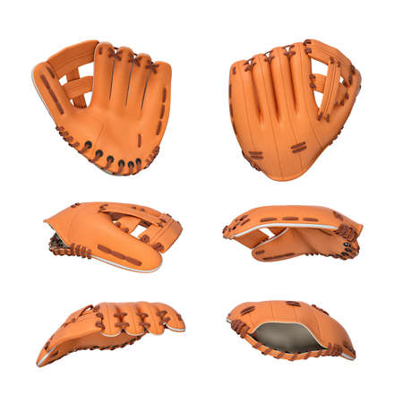 3d rendering of many orange leather baseball gloves flying in different angles of view on a white background.の写真素材
