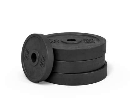 3d rendering of a stack made of several heavy black barbell weights on a white background.の写真素材