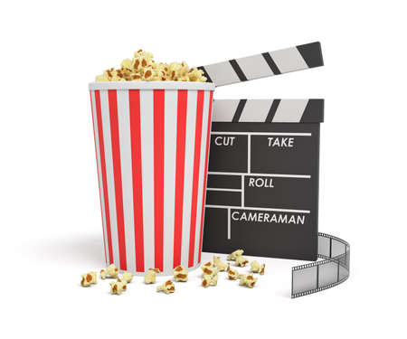 3d rendering of a full popcorn bucket standing near an empty clapperboard and a film strip behind them.の写真素材