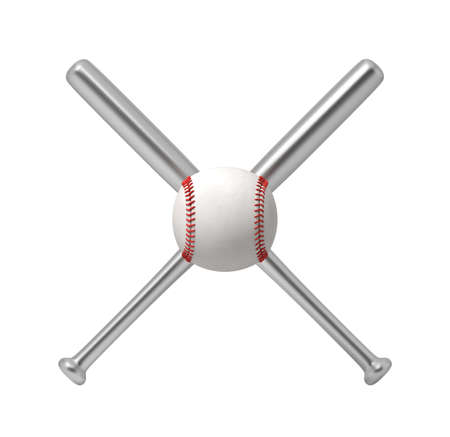 3d rendering of two steel baseball bats making a cross shape with a giant white baseball in front of them.の写真素材