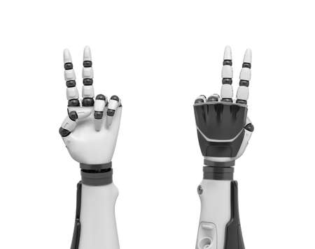 3d rendering of two robotic arms with the index and the middle fingers sticking out.の写真素材
