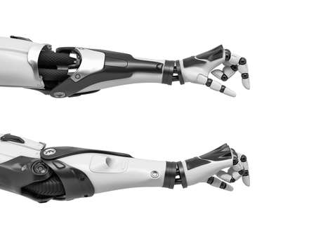 3d rendering of two robot arms with thumbs and index fingers measuring an extremely small object.の写真素材
