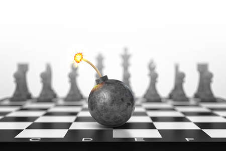 3d rendering of a giant iron bomb with a lit fuse stands on a chessboard with many figures in the background.の写真素材