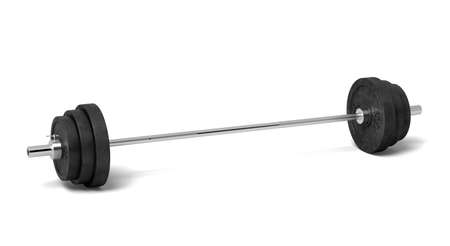 3d rendering of a silver colored metal barbell with several black weight plates on a white background.の写真素材
