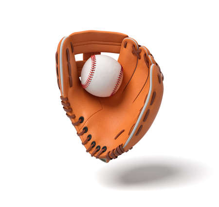 3d rendering of a new orange baseball mitt hanging on the white background with a white ball inside it.の写真素材
