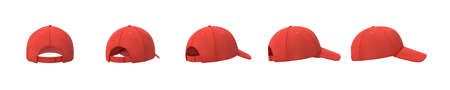 3d rendering of five red baseball caps shown in one line from back to side view on a white background.の写真素材