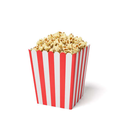 3d rendering of a square striped popcorn bucket filled with this snack over the brim on a white background.の写真素材