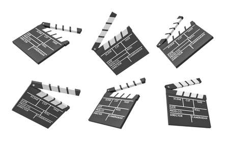 3d rendering of six black movie clapperboards with empty lines for the title and the creators of a movie.の写真素材