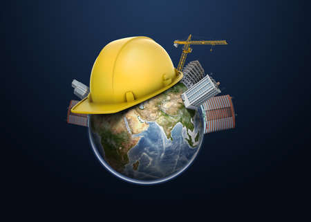 3d rendering of Earth globe apartment buildings, constriction cranes and one yellow hard hat on its surface.の写真素材