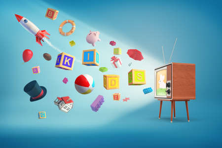 3d rendering of a retro TV set stands on wooden legs with cartoon object flying out of it: rockets,...