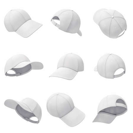 3d rendering of many white baseball caps hanging on a white background in different angles.の写真素材