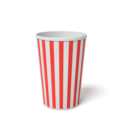 3d rendering of a small popcorn bucket with red and white stripes standing completely empty on a white background.の写真素材