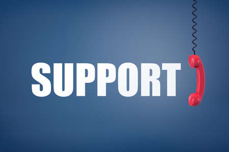 3d rendering of a red retro phone receiver hanging on a cord near a large white lettered word Support.の写真素材