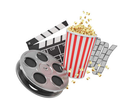 3d rendering of a video reel, popcorn bucket and a clapperboard on a white background.の写真素材