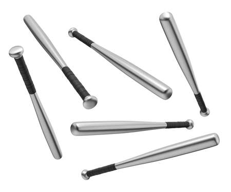 3d rendering of many steel baseball bats black-wrapped handles flying in different angles on a white background.の写真素材