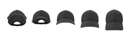 3d rendering of five black baseball caps shown in one line in a front view but in different angles.の写真素材
