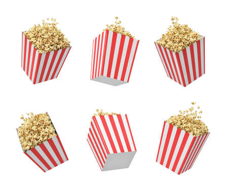 3d rendering of six striped pop corn tubs hanging on white background.の写真素材