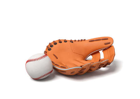 3d rendering of a white baseball with red stitching lying near leather mitt on a white background.の写真素材