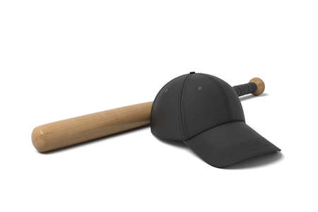 3d rendering of a black baseball cap lying near a wooden bat on a white background.の写真素材