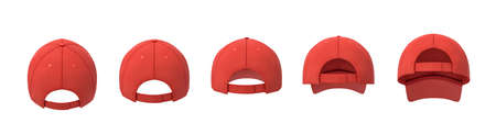 3d rendering of five red baseball caps shown in one line in a back view in different angles.の写真素材