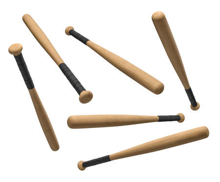 3d rendering of wooden baseball bats with black-wrapped handles hanging on a white background in different angles.の写真素材