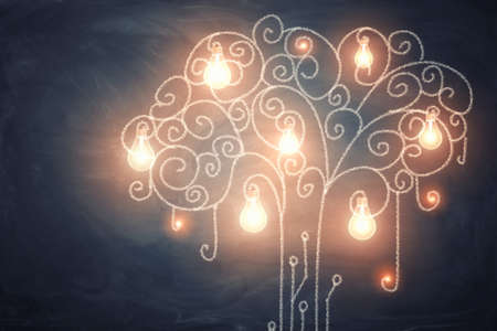 3d rendering of large gloving collection of light bulbs growing on a curvy shining tree.の写真素材