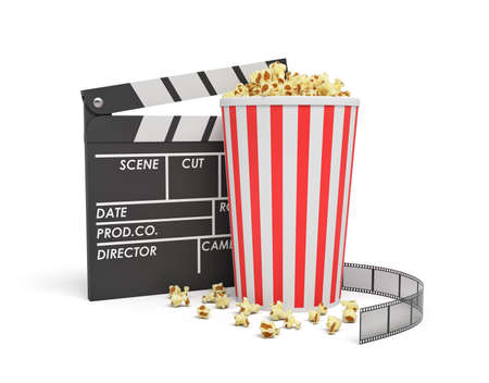 3d rendering of a full popcorn bucket standing near an empty clapperboard and a film strip on white background.の写真素材