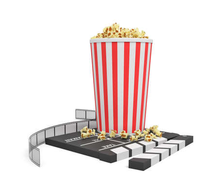 3d rendering of a full popcorn bucket standing on an empty clapperboard and a film strip on white background.の写真素材