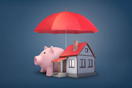 3d rendering of red open umbrella covers a large pink piggy bank and a small house on a blue background.の写真素材