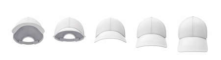 3d rendering of five white baseball caps shown in one line in a front view but in different angles.の写真素材