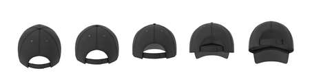 3d rendering of five black baseball caps shown in one line in a back view in different angles.の写真素材